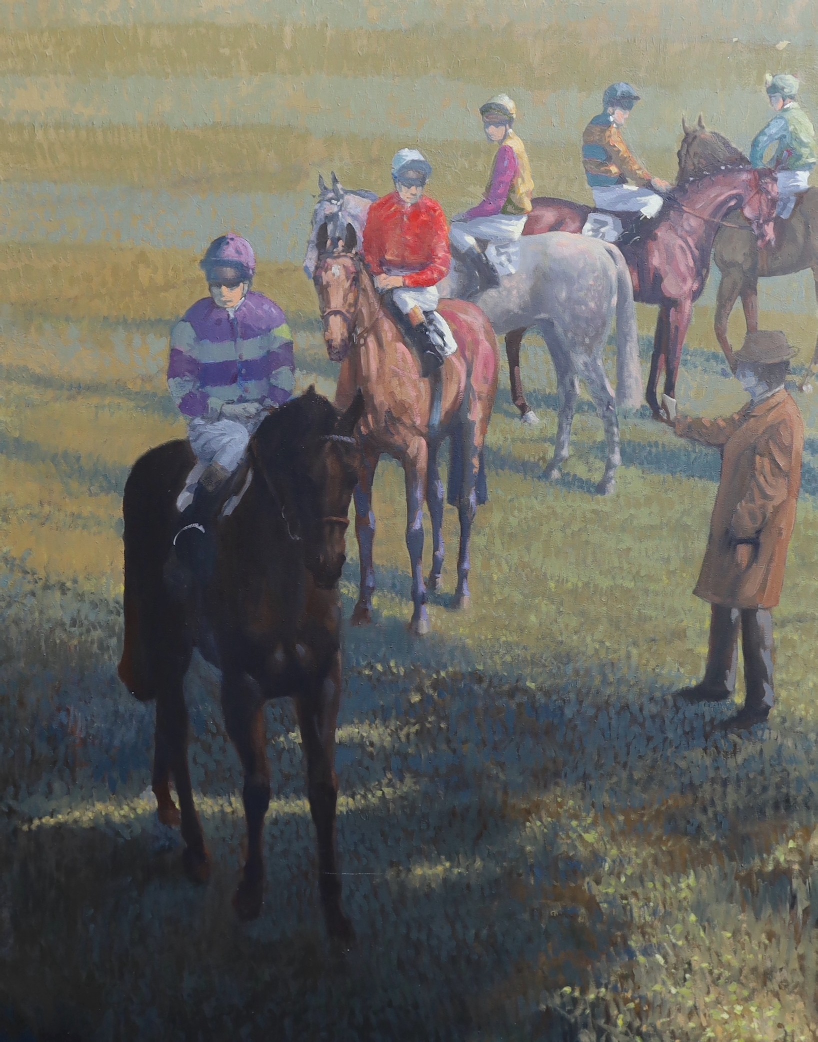 Peter Howell (b.1932), Racehorses before the start, oil on canvas, 127 x 101cm